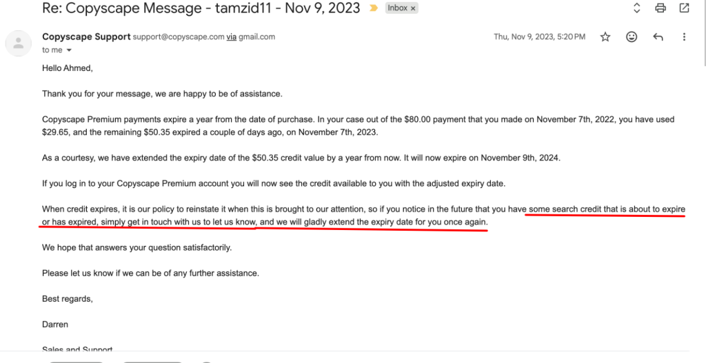 Mail from Copyscape Support 2023
