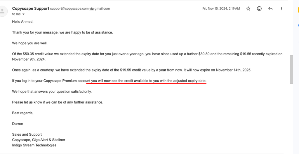 Mail from Copyscape Support 2024