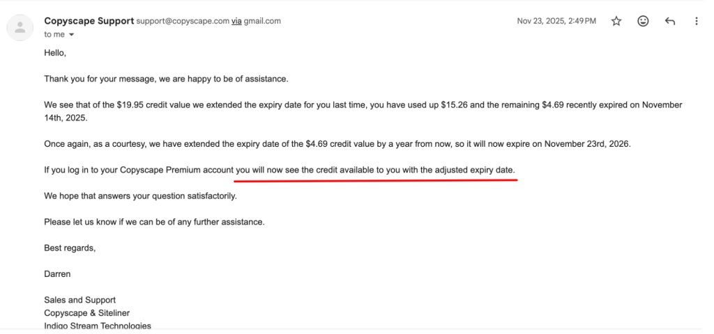 Mail from Copyscape Support 2025